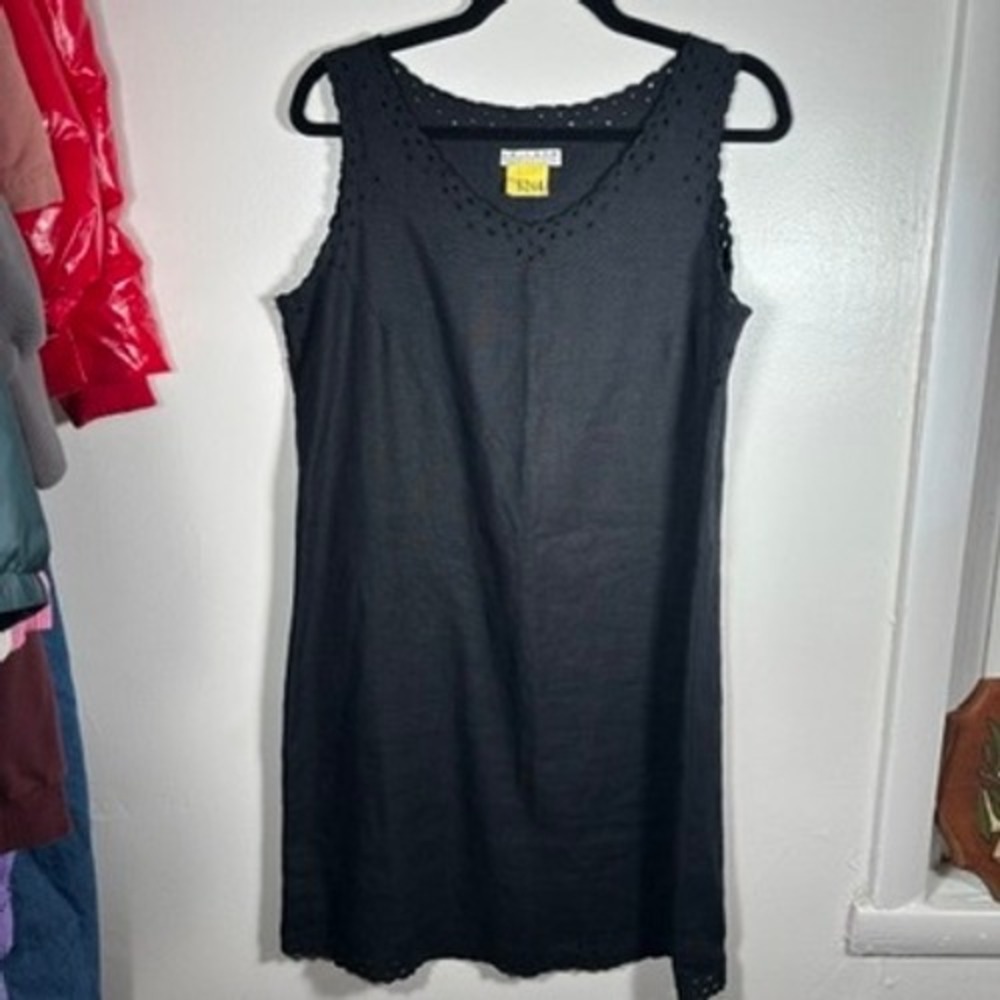 Vintage Linen Shift Dress Sz M Black Eyelet Trim Uniform John Paul Richard